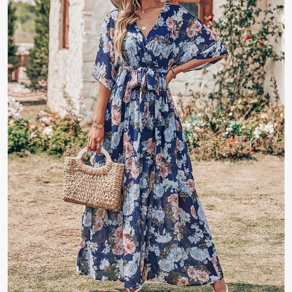 Anrabess Navy Floral Maxi Dress - sheer, long overlay over a shorter slip - Picture 1 of 12